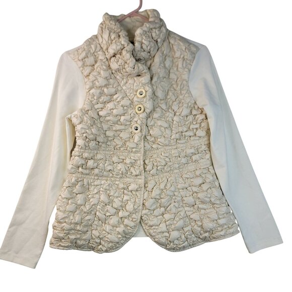 Robert Kitchen Quilted Puffer Jacket Medium Textured Cotton Button Cream - Picture 1 of 14
